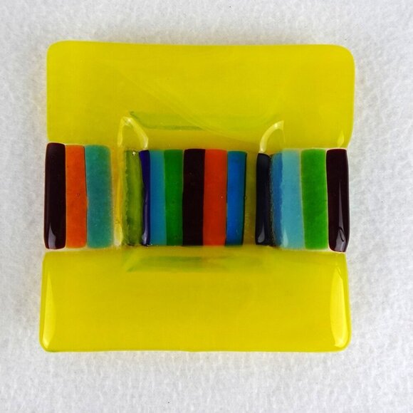 Fused Glass Square Ashtray Trinket Dish Candy Yellow Rainbow Striped SET of 2 - Picture 3 of 6